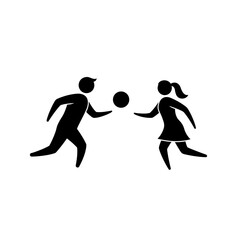 Silhouettes of man and woman playing catch with a ball  