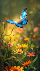 Beautiful blue butterfly flying among summer flowers in the rays of the setting sun