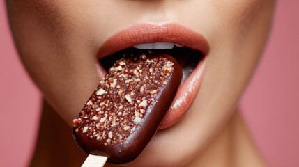 A woman biting into a chocolate-covered ice cream bar with nuts, captured in a sensual close-up of her lips