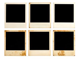 Vintage instant photo frames on white surface suitable for mockups, retro designs, memories, nostalgia concepts, or photography projects.