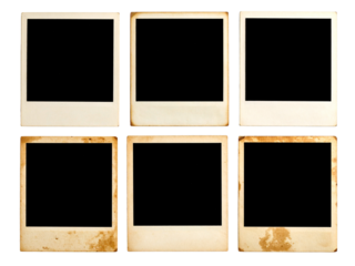 Vintage instant photo frames on white surface suitable for mockups, retro designs, memories, nostalgia concepts, or photography projects.