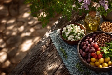 rustic wooden table, midsummer solstice feast. Generative AI