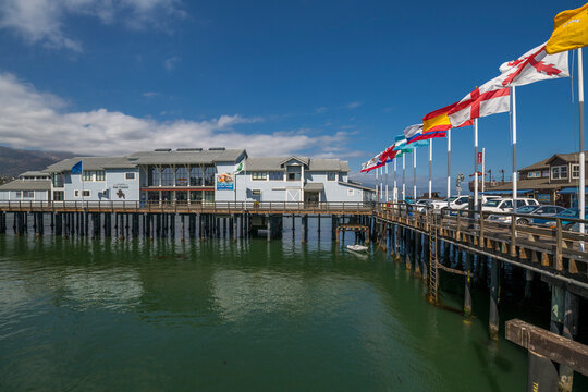 View of flags on Stearns Wharf, Santa Barbara, Santa Barbara County, California