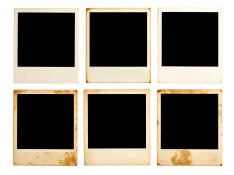 Vintage instant photo frames on white surface suitable for mockups, retro designs, memories, nostalgia concepts, or photography projects.