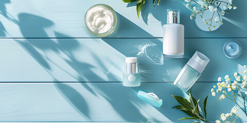 Arrangement of Skincare Products with Flowers on Blue Wooden Planks

