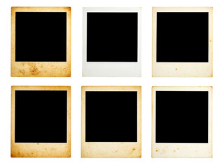 Six vintage polaroidstyle blank photo frames on white background, perfect for retro photo blog mockups, social media graphics, or design projects.