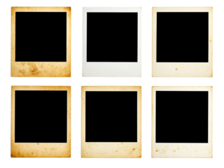 Six vintage polaroidstyle blank photo frames on white background, perfect for retro photo blog mockups, social media graphics, or design projects.