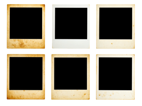 Six vintage polaroidstyle blank photo frames on white background, perfect for retro photo blog mockups, social media graphics, or design projects.