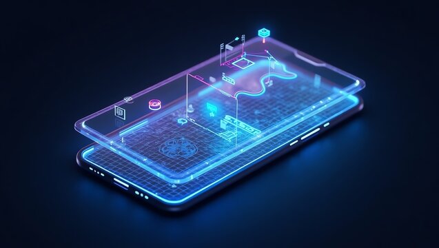 Futuristic smartphone with a holographic user interface displaying global data analytics. Concept of augmented reality and mobile technology.