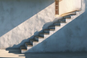 Concrete and wooden stairs on a gray wall background. Generative AI