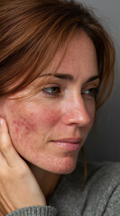 Fototapeta premium Woman with red irritated skin on her cheek looks thoughtful, possibly experiencing skin allergies