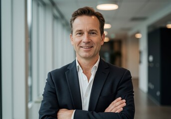 Fototapeta premium Professional business executive posing confidently with arms crossed in a modern office environment