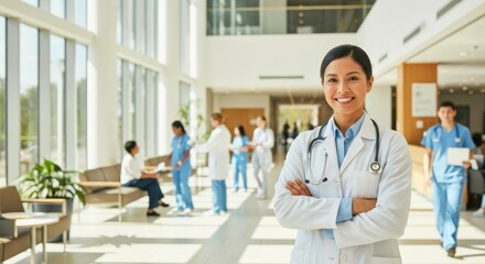 Confident Female Doctor in Modern Hospital Lobby
