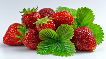 Freshly picked strawberries with vibrant green leaves, isolated for food branding on a white surface 