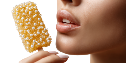 Woman with PearlStudded Popsicle near Lips, Closeup of Beauty and Indulgence