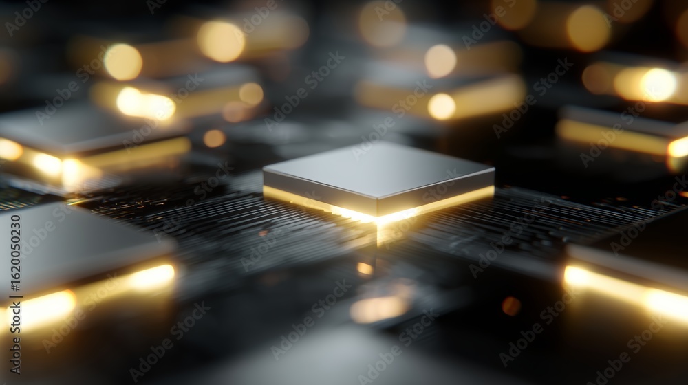 Poster digital circuit board with illuminated microchips showcases advanced technology in modern electronic