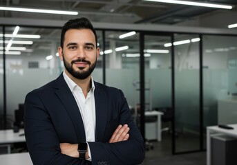 Fototapeta premium Confident professional man with beard and dark suit poses with arms crossed in modern office environment