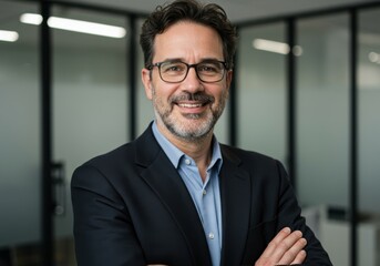 Obraz premium Smiling professional man with glasses and dark suit confidently poses with arms crossed in a modern office setting