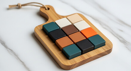 A collection of colorful, square chocolates arranged neatly on a small wooden cutting board with a marble background.