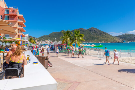 View of beach bar overlooking Caribbean Sea, Philipsburg, St. Maarten, Leeward Islands, West Indies, Caribbean