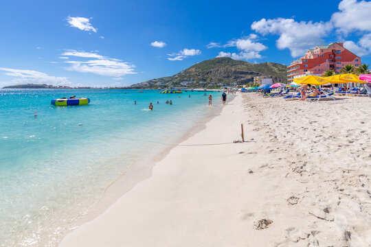 View of beach and Caribbean Sea, Philipsburg, St. Maarten, Leeward Islands, West Indies, Caribbean