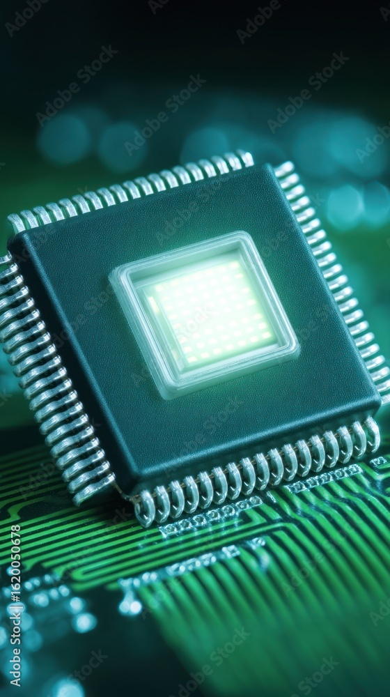 Aufkleber close-up of a microchip on a circuit board.