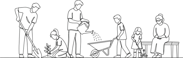 Family gardening together line art vector illustration design