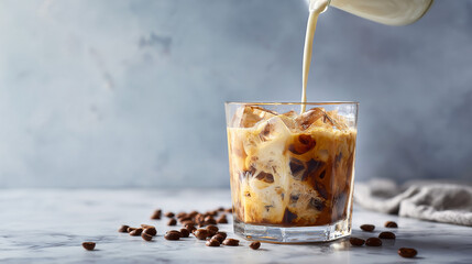 Milk being poured into a glass of iced coffee on a marble surface with scattered coffee beans--capturing a cool summer beverage moment