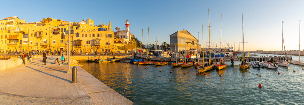 Panoramic view of Jaffa Old Town harbour at sunset, Tel Aviv, Israel, Middle East