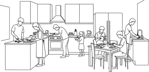 Family kitchen scene line art illustration vector graphic design
