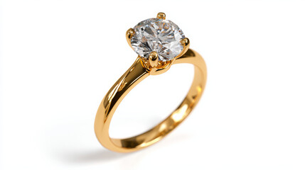 Mockup of a gold ring with a diamond setting, shown from an angled perspective in a 3D rendering, isolated for presentation