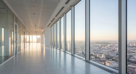 Modern Office Hallway with Panoramic City View at Sunset