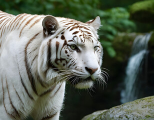Close-up of a white tiger near a waterfall in the green forest.