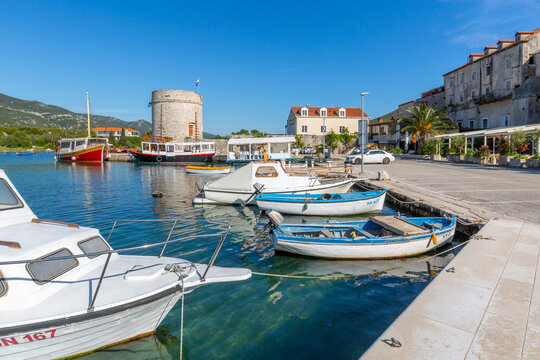 View of small harbour boats and restaurants in Mali Ston, Dubrovnik Riviera, Croatia