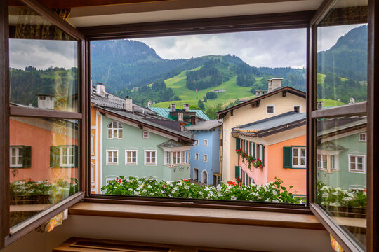 Fototapeta View of colourful architecture from window of Vordarstadt, Kitzbuhel, Austrian Tyrol, Austria