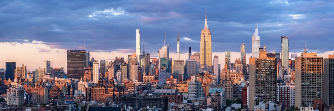 New York City skyline panorama at sunset