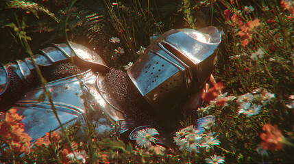 Knight in Metal Armour Relaxing in Flowered Grassfield – VHS Distortion and Nostalgic Grainy Effect