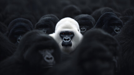 Proud White Gorilla Standing Alone Among Black Gorillas – Symbol of Individuality and Power