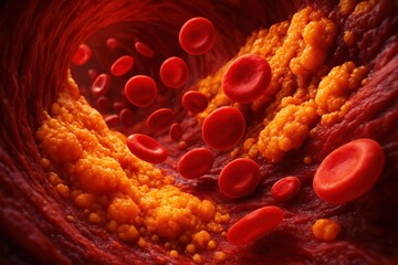 Fototapeta premium Red Blood Cells Navigate Artery with Lipid Buildup Depicting Cardiovascular Health, Demonstrating Atherosclerosis in detailed macro perspective.