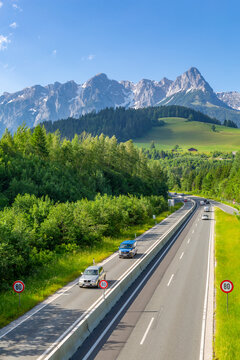 View of Fritzerkogel and autobahn near Nischofshofen, Upper Austria region of the Alps, Salzburg, Austria