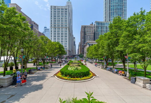 View of city skyscrapers from Millenium Park, Downtown Chicago, Illinois