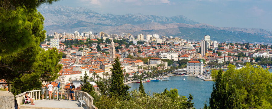 Panoramic view from above the town of Split Town and Cathedral of Saint Domnius, Split, Dalmatian Coast, Croatia