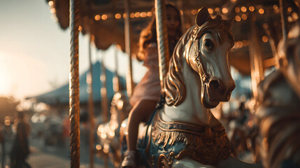 Child Riding Venetian Carousel – Close-Up with Golden Hour Lighting, 35mm Lens