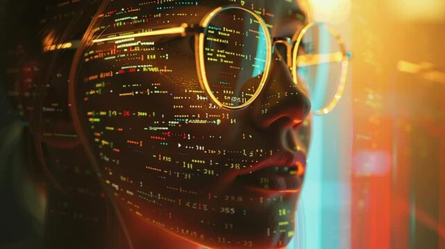 Looping animation of a woman in glasses with glowing code projected across her face. Neon reflections and warm cinematic lighting create a cybernetic, futuristic identity effect. No text or logos.