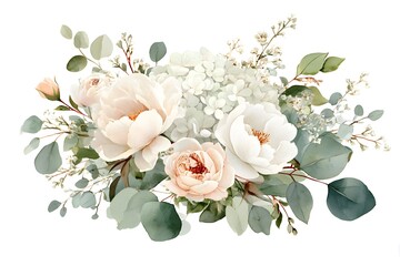 Obraz premium Watercolor floral bouquet, featuring peonies and hydrangeas with eucalyptus leaves, white roses, and sage green foliage