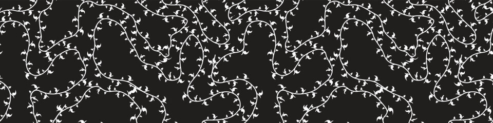 Seamless Black and White Vine Pattern – Elegant Botanical Decorative Background Featuring Curved Leafy Lines, Ideal for Textiles, Wallpapers, Wrapping Paper, Stationery, and Web Design