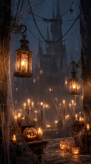 Old castle, pumpkins, lanterns and candles