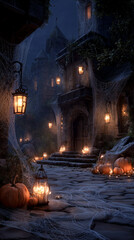 Old castle, pumpkins, lanterns and candles