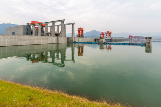 View of The Three Gorges Dam and visitors centre at Sandouping, Sandouping, Hubei, China, Asia