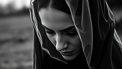 Portrait of a Woman in a Black Mourning Veil on Her Head
